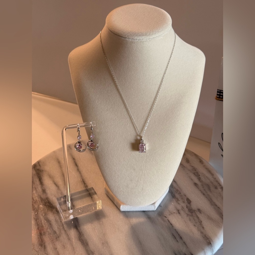 NWOT 925 Sterling Silver Pin Crushed Ice CZ Necklace & Pink Dangling Earrings
